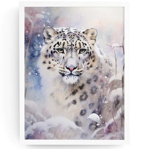 Watercolor Snow Leopard Portrait Wall Art Illustration Print Poster Unframed